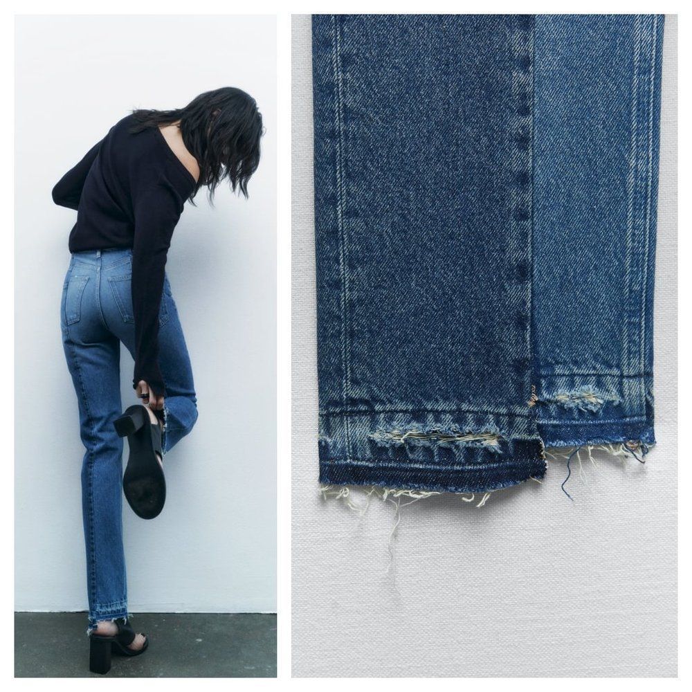 ZARA CONTRASTING CROPPED STRAIGHT JEANS - Picture 2 of 5